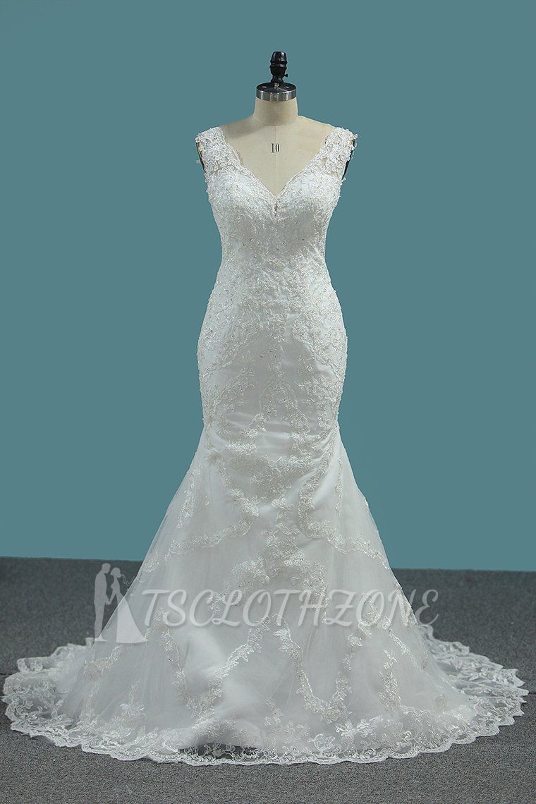 TsClothzone Elegantes Meerjungfrau-Hochzeitskleid mit V-Ausschnitt, Tüll, weiße Spitzenapplikationen, Perlenstickerei, Brautkleider Online
