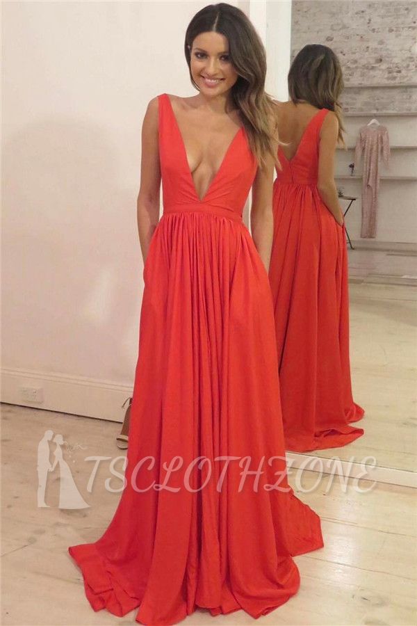 Deep V-neck Organe Formal Dresses Cheap Sexy 2022 Evening Gown with Pockets