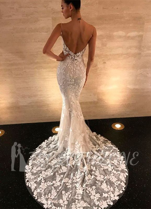 Sexy Spaghetti-Straps Lace Appliques Wedding Dress Mermaid Bridal Gowns