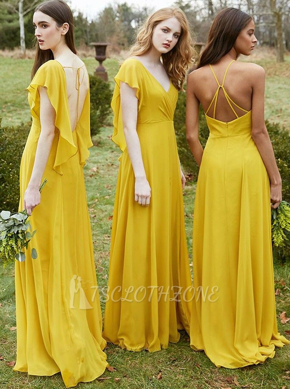 Gelbes langes Chiffon-Brautjungfernkleid mit V-Ausschnitt und Rüschen