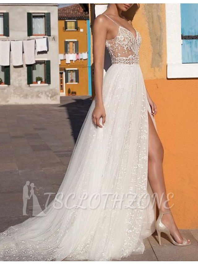 A-Line Wedding Dress V-neck Floor Length Tulle Sleeveless Bridal Gowns Casual Boho Plus Size
