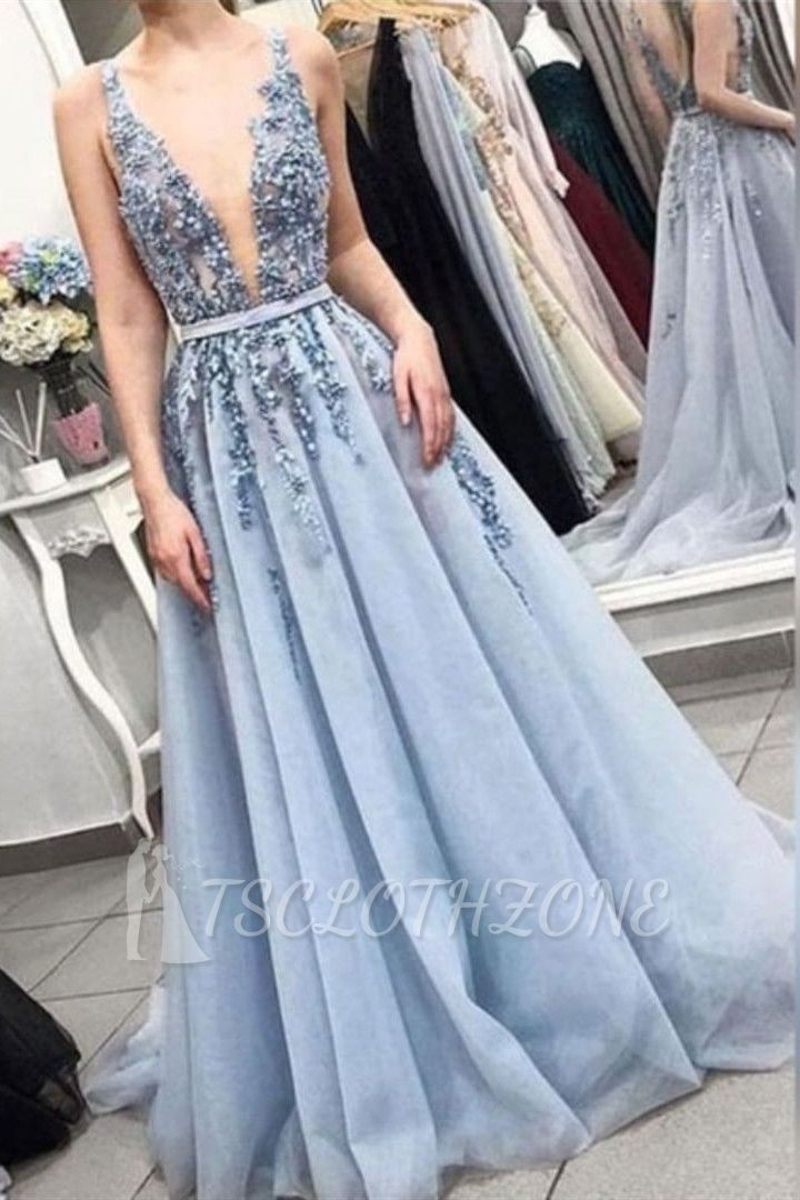 Sexy Straps Deep V Neck Long Prom Dress | Exquisite Lace Beading Blue Prom Gown