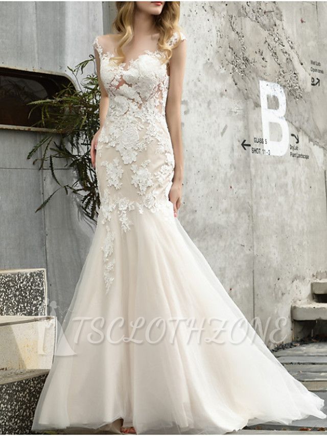 Mermaid Wedding Dress V-neck Lace Tulle Sleeveless Bridal Gowns Formal Illusion Detail with Sweep Train