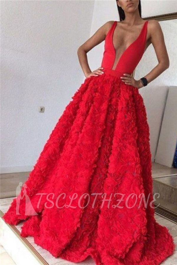 Red Flowers Skirt Sexy V-neck Evening Dress 2022 Sleeveless Prom Dress