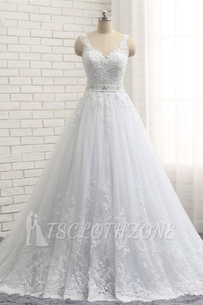 TsClothzone Stunning Straps V-Neck Tulle Appliques Wedding Dress Lace Sleeveless Bridal Gowns with Beadings Online