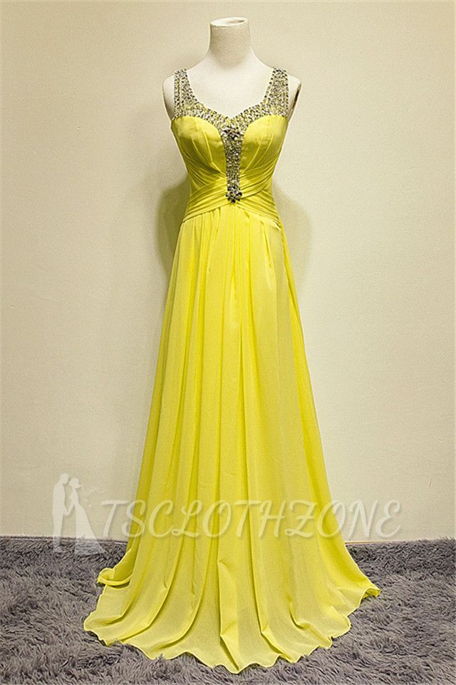 Crystal Yellow Sheer Back Chiffon Long Prom Dress A-line Sweep Train Elegant Dresses for Women