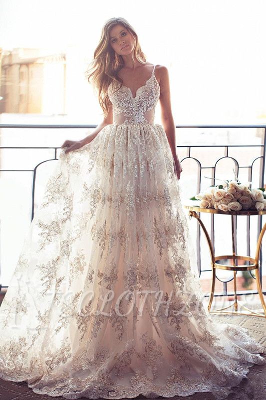 Elegant Sweetheart-Neck Lace Backless Princess Wedding Dresses | Spaghettis-Straps Bridal Gowns Online