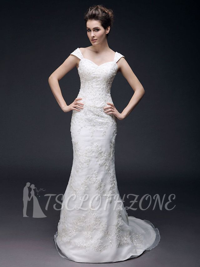 Affordable Mermaid Off Shoulder Wedding Dress Organza Short Sleeve Bridal Gowns with Sweep Train