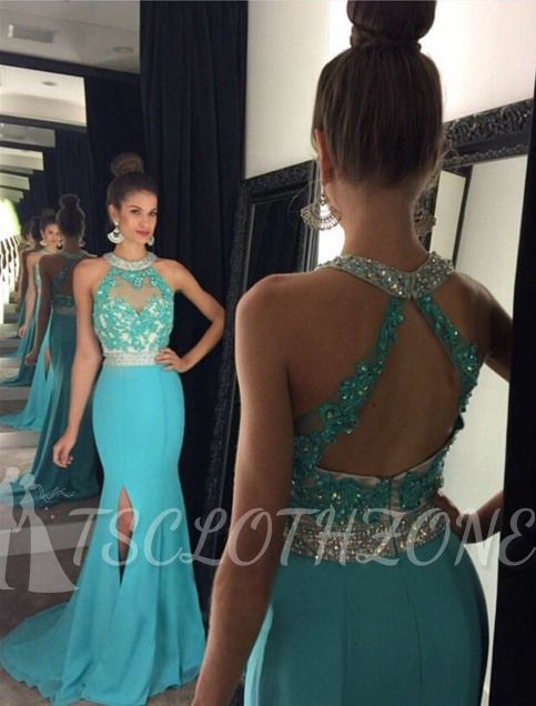 Gorgeous Mermaid Crystal 2022 Evening Gown Halter Side Split Prom Dress