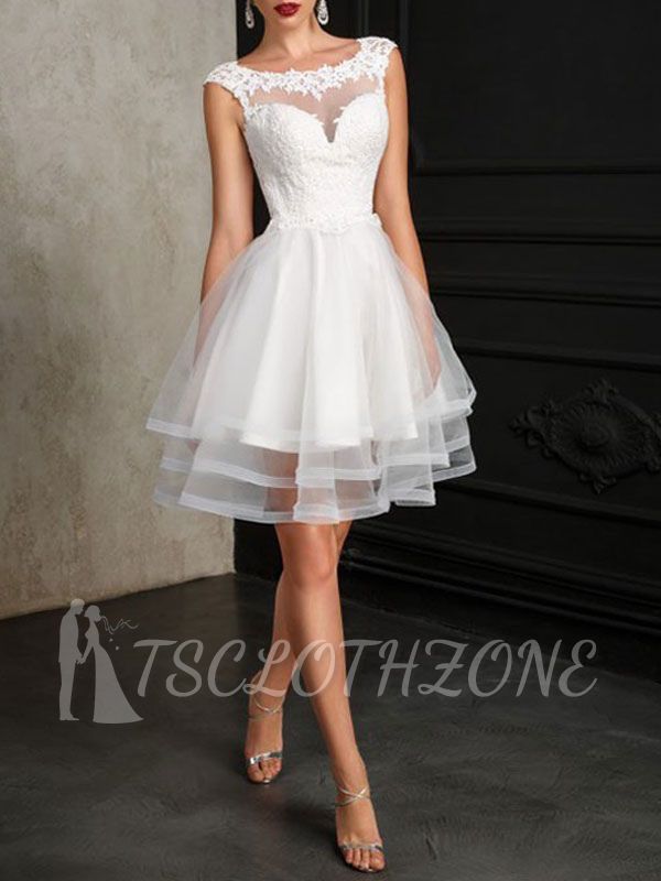Gorgeous Jewel Sleeveless Lace Ruffles White Short Wedding Dresses