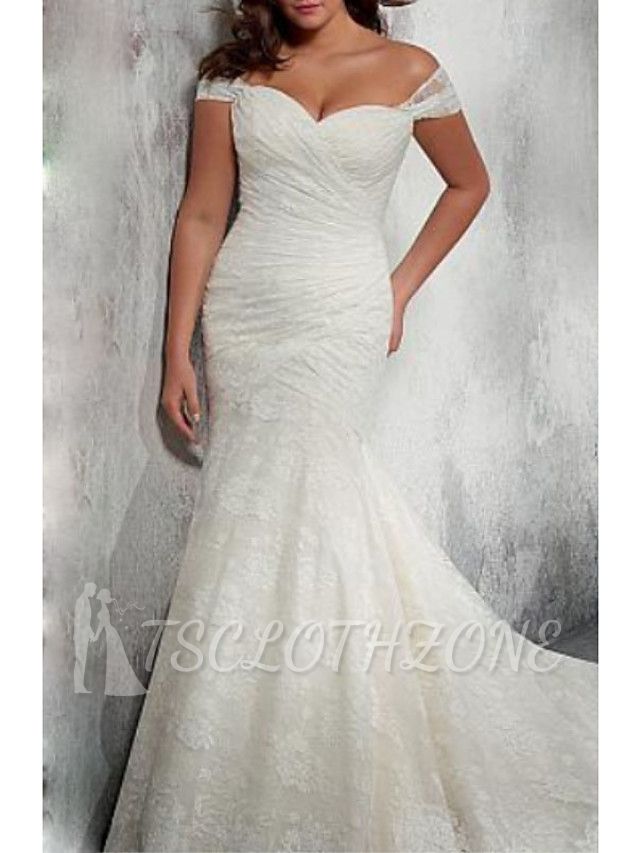 Mermaid Wedding Dress Off Shoulder Chiffon Lace Cap Sleeve Bridal Gowns with Court Train