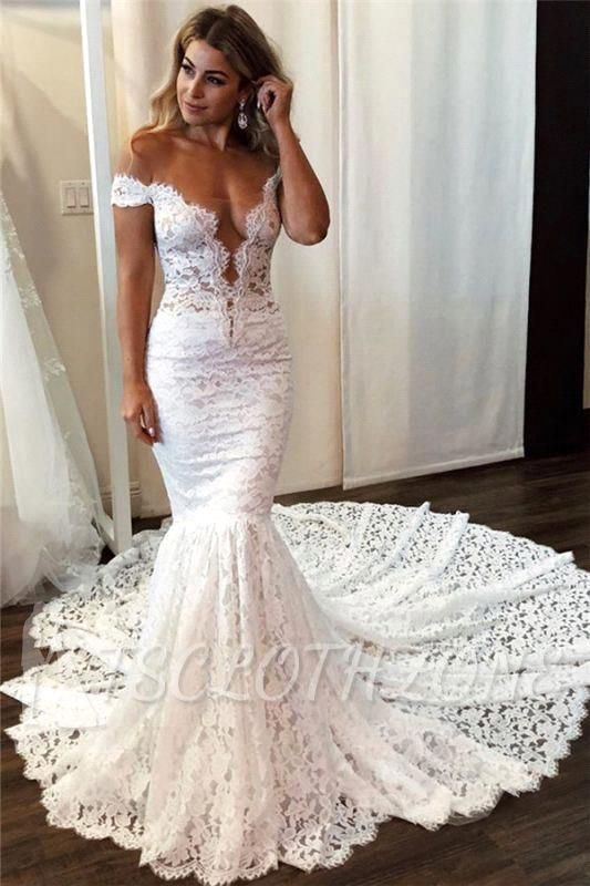 Elegant Off-the-shoulder White Mermaid Wedding Dress