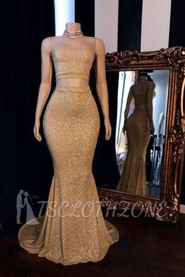Champagne Two-piece Strapless Long Mermaid Prom Dresses with Choker