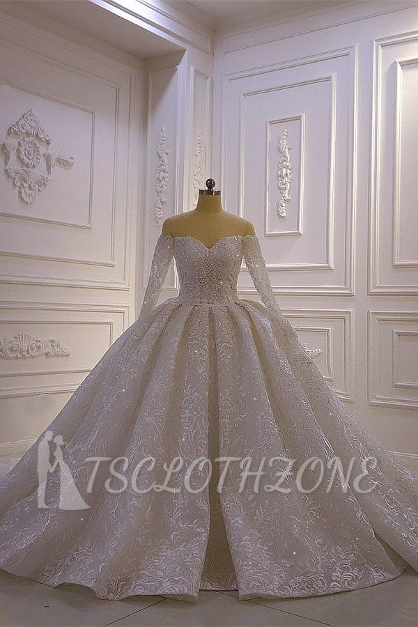 Luxury Ball Gown Long Sleeves 3D Lace Sweetheart Long Wedding Dresses