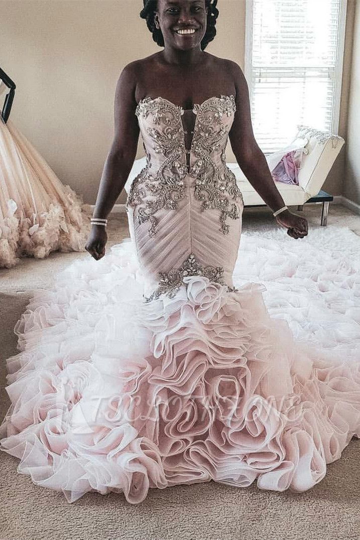 Plus Size Mermaid Crystal Lace Beads Sweetheart Long Train African Custom Made Ruffles Wedding Dresses