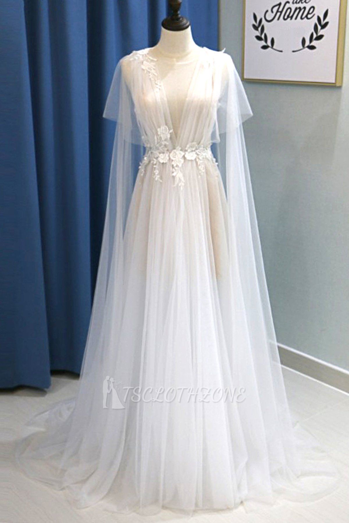 TsClothzone Glamouröses weißes Tüll-Strand-Hochzeitskleid mit V-Ausschnitt A-Linie Blumen-Brautkleider im Angebot