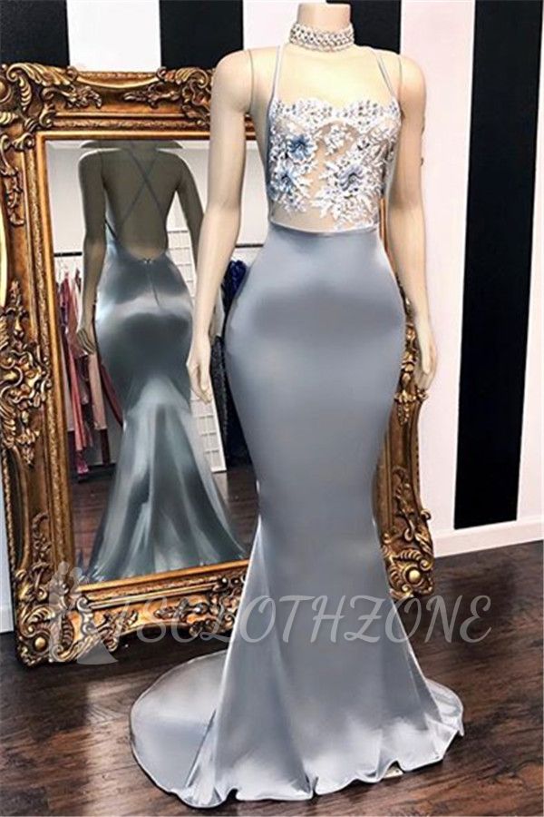 Spaghetti Straps Sexy Open Back Cheap Prom Dresses | 2022 Lace Appliques Mermaid Evening Dress