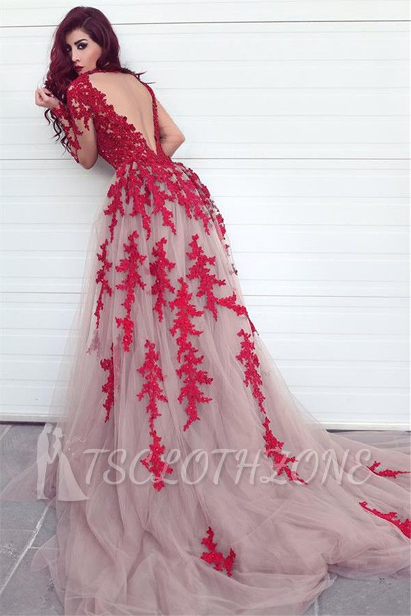Long Sleeve Lace Appliques Red Evening Dresses Open Back Sexy Prom Dress 2022 Cheap