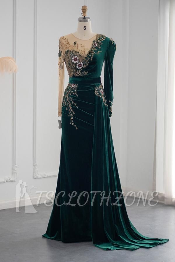 Dark Green Long Sleeve Jewel Mermaid Evening Dresses Prom Gowns