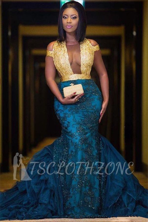 2022 Sheer Tulle Gold Lace Sexy Prom Dress | Blue Lace Appliques Evening Gown with Long Train