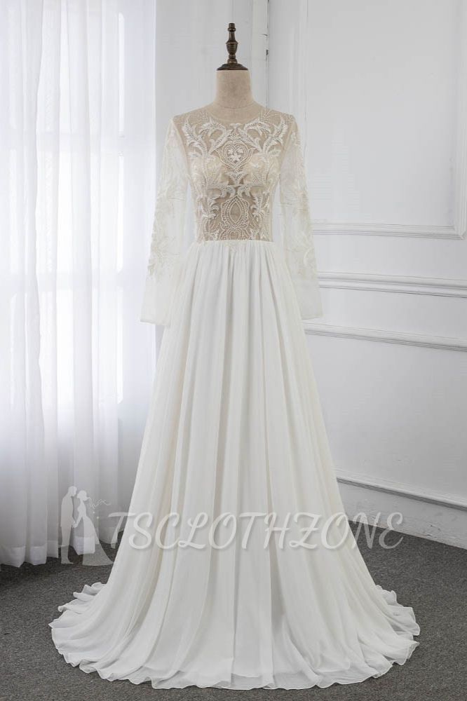 TsClothzone Affordable Jewel Chiffon Ruffles Wedding Dresses Lace Top Long Sleeves Bridal Gowns Online