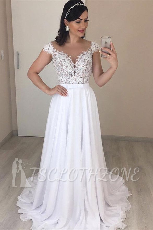 Fantastic Cap Sleeves V Neck Long Wedding Dress |  Lace Chiffon Bridal Gown