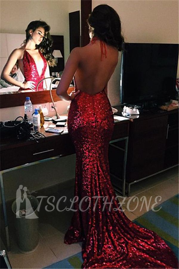 Deep V-neck Red Sequins Prom Dresses Halter Sexy 2022 Backless Evening Gowns