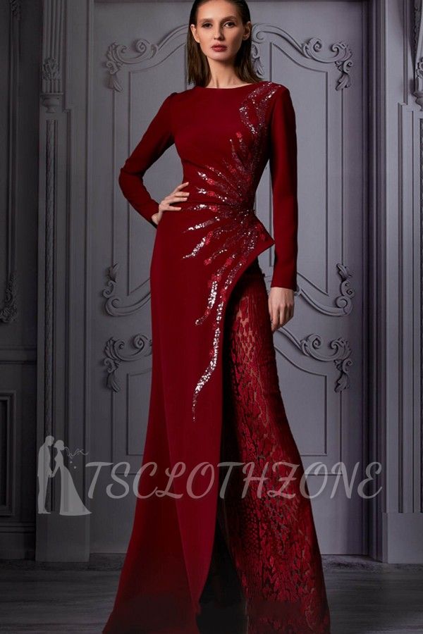 Charming Burgundy Long Sleeves Sparkly Sequins Mermaid Long Evening Prom Dress