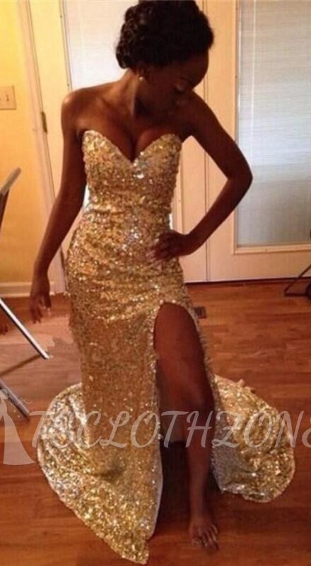 Mermaid Sparkly Sweetheart 2022 Evening Dresses Split Gold Sequins Prom Dresses