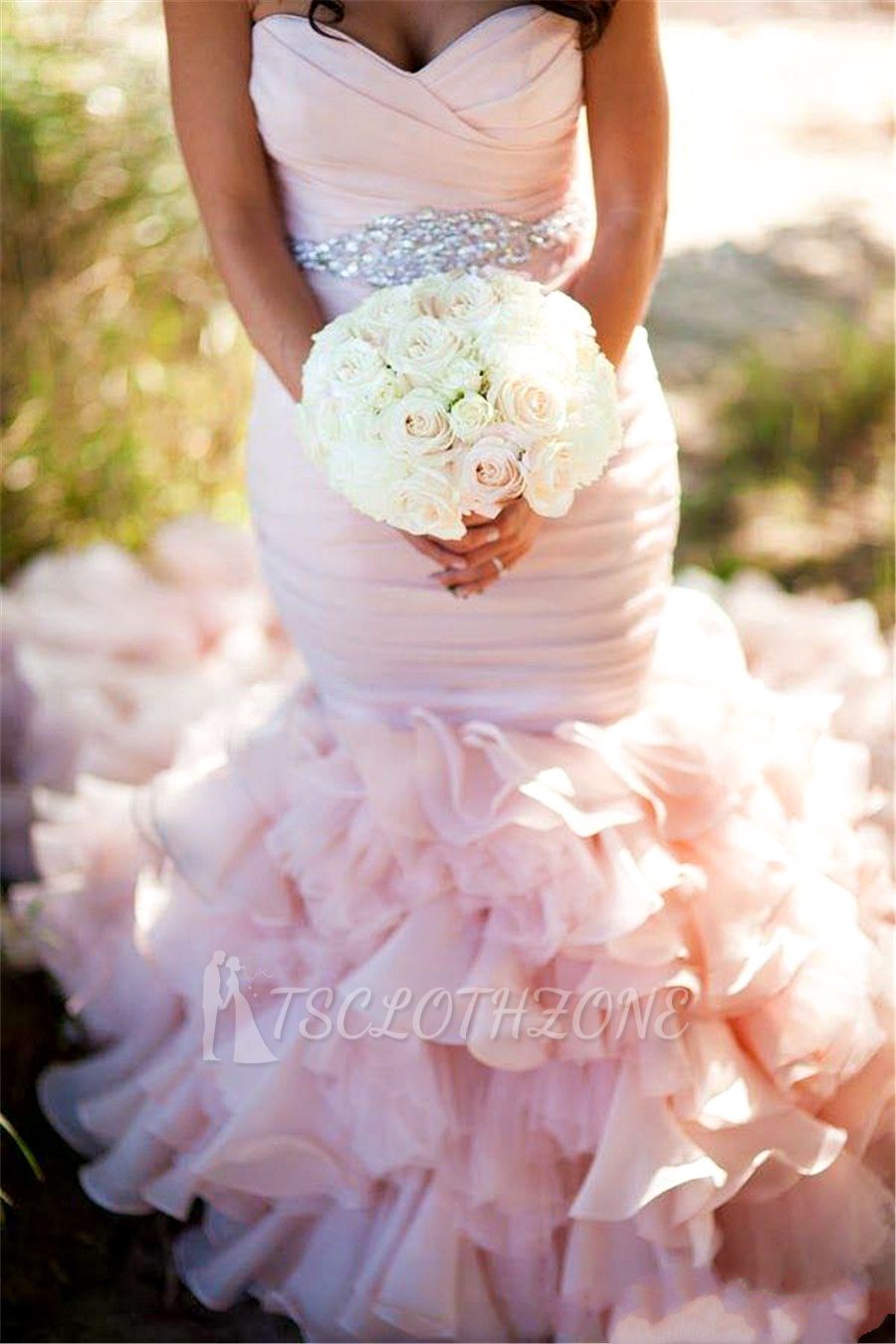 Sexy Mermaid Sweetheart Wedding Dresses Pink Crystal Lace-Up Lovely Ruffles Bridal Gowns