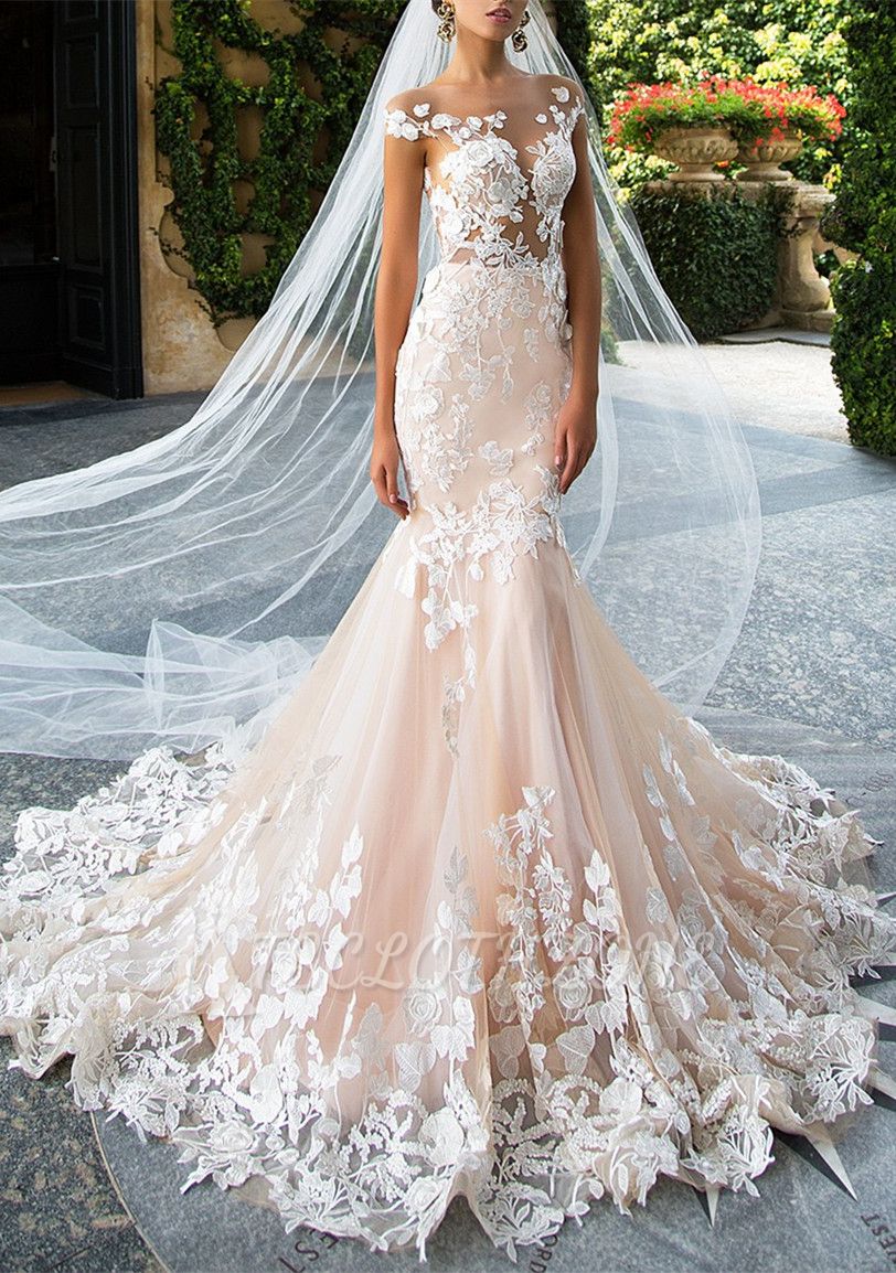 Glamorous Cap Sleeve Mermaid Bridal Gowns BA4325 | Lace Appliques Slim Wedding Dress
