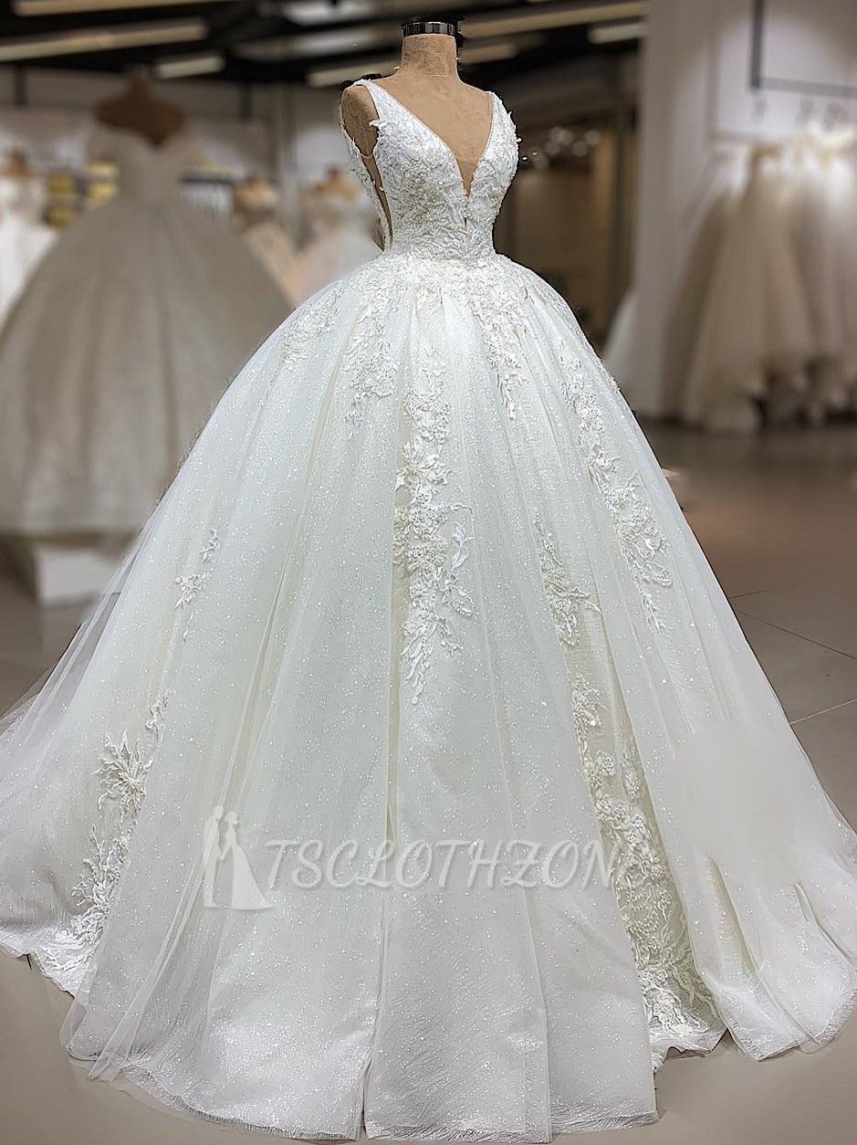 TsClothzone Unique Straps V-neck White Wedding Dresses A-line Tulle Ruffles Bridal Gowns With Appliques On Sale