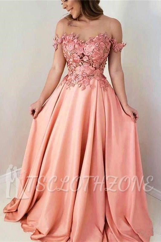 Sweetheart Pink Floral Off-the-Shoulder A-Line Prom Dress