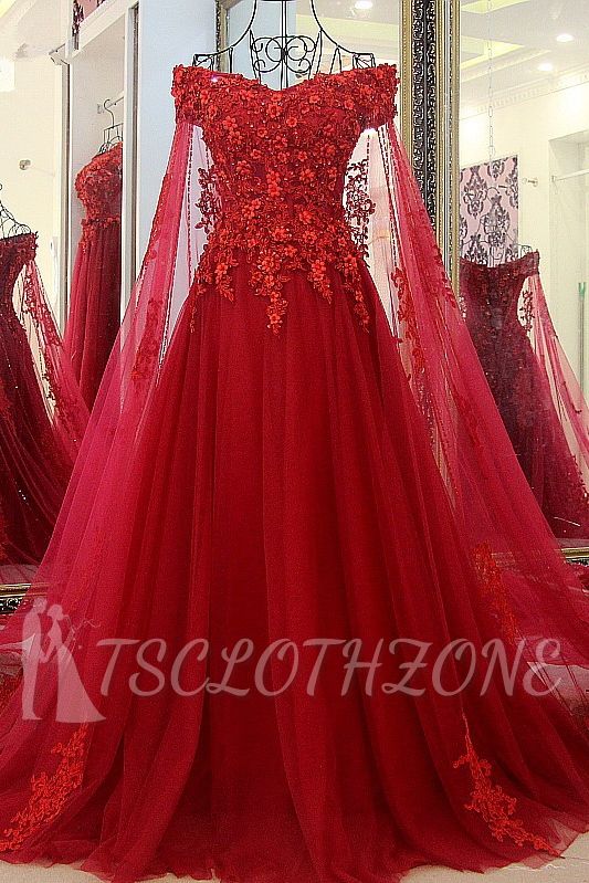 Stunning Red Off-the-shoulder A Line V Neck Floor-length Lace-up Beading Prom Dress