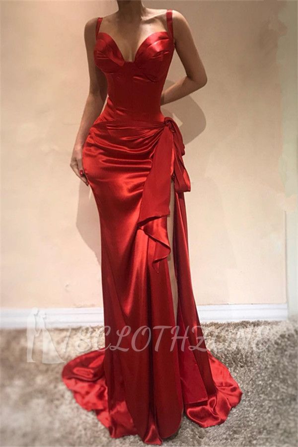 Elegant Mermaid Scarlet Spaghetti Straps Evening Dresses | Sexy High Split Sleeveless Prom Dresses Online