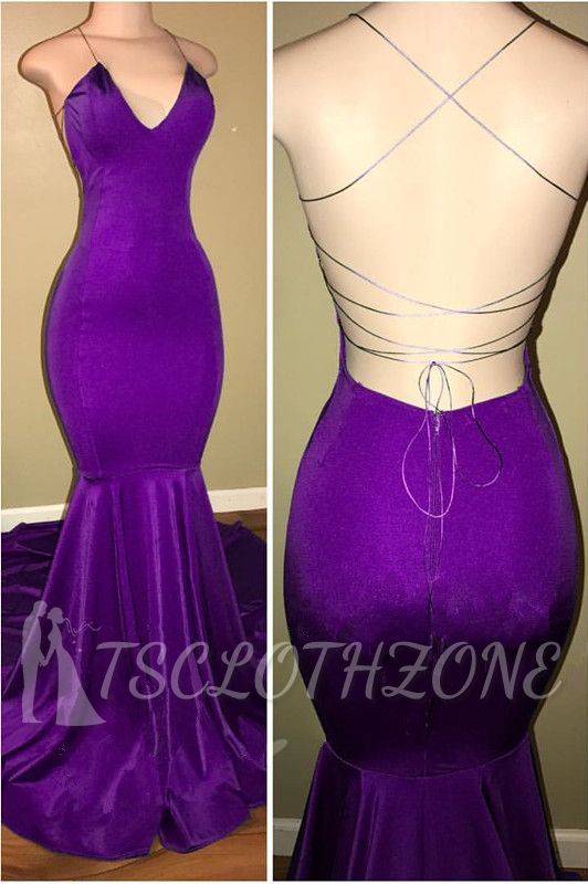 Purple Sexy Mermaid Open Back Prom Dresses | 2022 Simple Spaghetti Straps Evening Dresses Cheap
