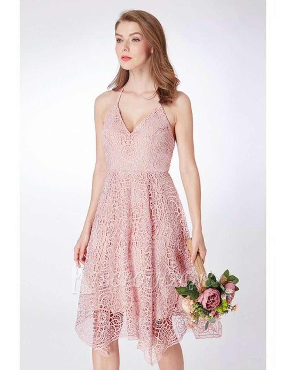 Lace Short Pink  Spaghetti Halter High Low Bridesmaid Dress