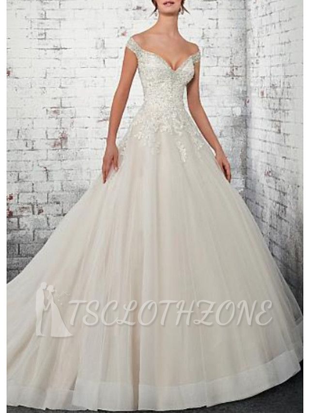 A-Line Wedding Dress Off Shoulder Lace Tulle Cap Sleeve Bridal Gowns Court Train