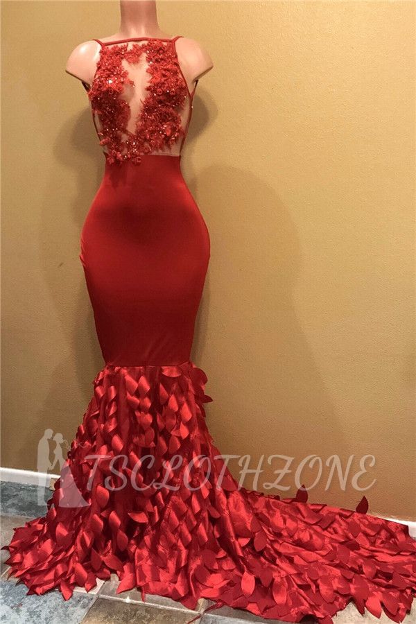 Perlen Spitzenapplikationen Rote Ballkleider Billig | Meerjungfrau ärmelloses sexy Abendkleid