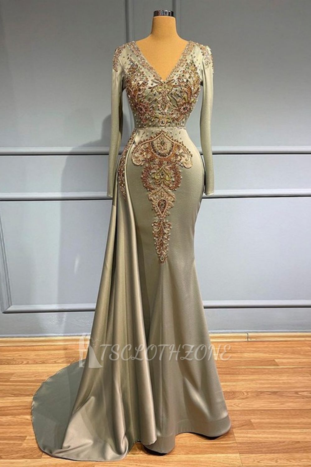 Glamouröses Abendkleid im Meerjungfrau-Stil mit langen Ärmeln, V-Ausschnitt, goldfarbenen Kristallen, langes Partykleid mit Schleppe