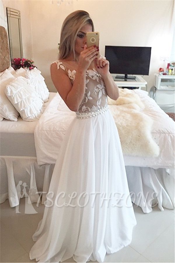 A-Line Chiffon White Long Prom Dress Latest Open Back Lace Formal Occasion Dresses