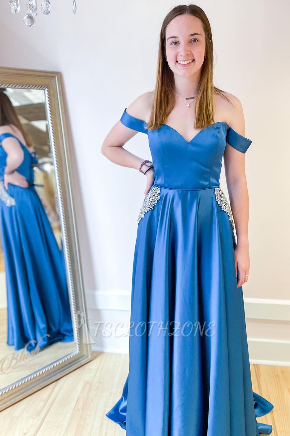 Off the should ocean blue a-line simple prom dress