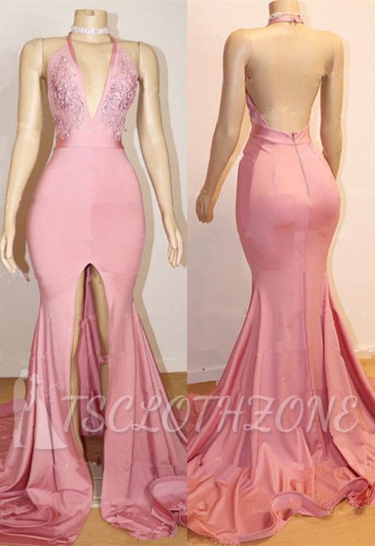Elegant Pink Prom Dress | Backless Lace Evening Gown With Slit