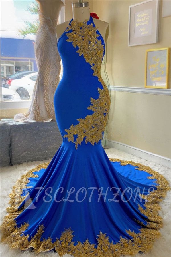 Gold Lace Royal Blue Prom Dresses with Beads | Open Back Plus Size Formal Dresses Cheap