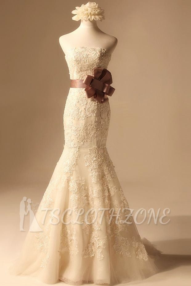 Mermaid Lace Ivory Wedding Dresses with Lace-Up Strapless Tulle Popular Bridal Dress with Ribbon Flowers