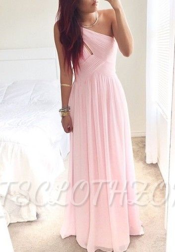 Eine Schulter Rosa Chiffon Abendkleid Rüschen A-Linie bodenlange Sommerkleider