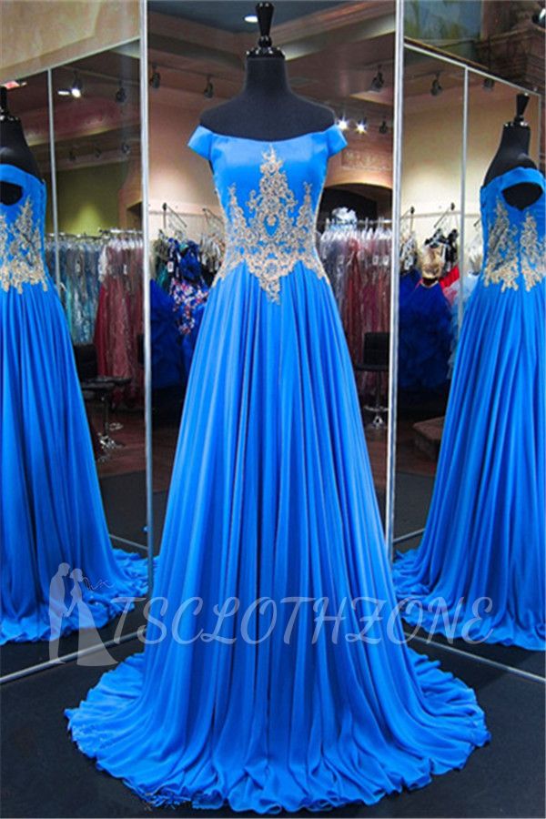 Royal Blue Off-the-Shoulder A-line Prom Dresses 2022 Appliques Lace-Up Evening Gowns with Beadings