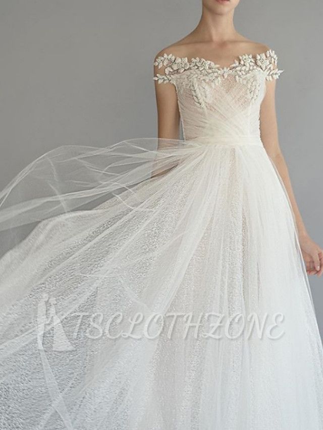 A-Line Wedding Dress Off Shoulder Lace Tulle Short Sleeve Bridal Gowns Sweep Train