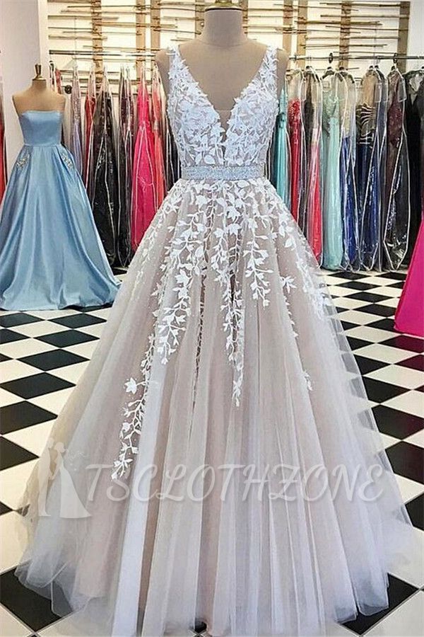 V-neck Straps 2022 Long Evening Dresses Lace Tulle Prom Dress with Beading Belt