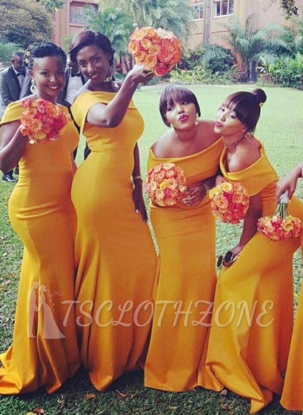 Chic Yellow Mermaid Bridesmaid Dresses | Off-the-Shoulder Wedding Party Dress